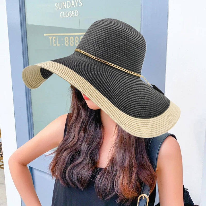 HT3547 Summer Hat Women Large Wide Brim Beach Hat Lady Patchwork Packable Straw Hat Female Fashion Anti-UV Beach Cap Panama Hat