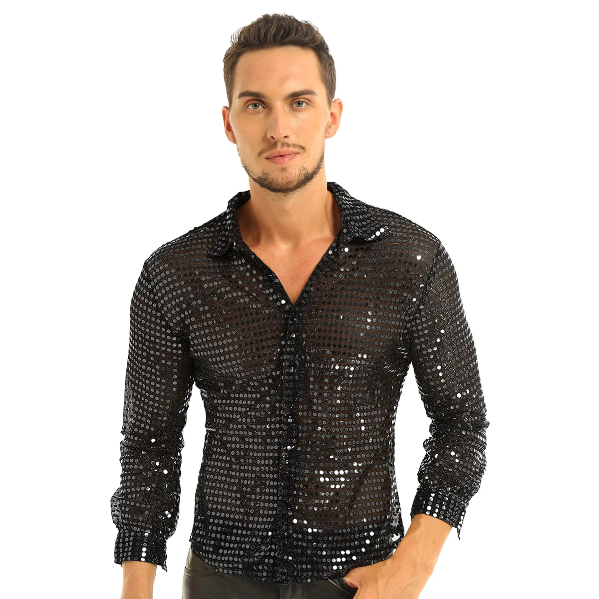 Men Shiny Sequins Shirt Long Sleeve Button Down Disco Party Shirt Night Clubwear Prom Dance Performance Tops Halloween Costumes