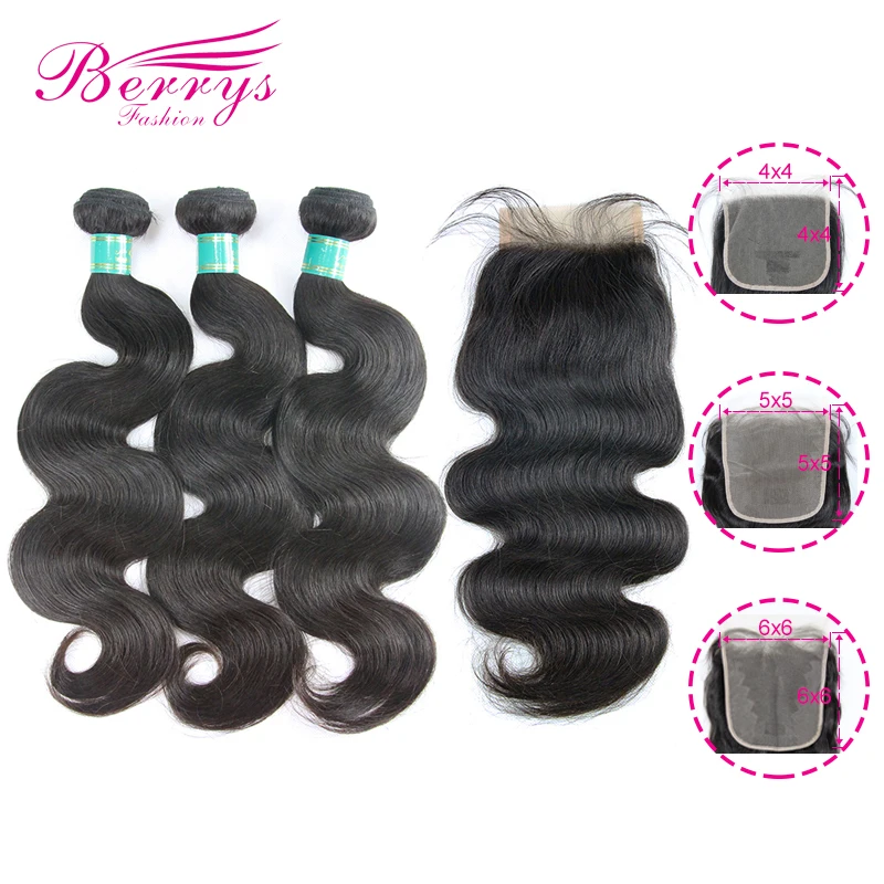 Berrys Fashion Body Wave Bundles With 4x4 & 5x5 & 6x6 Closure Brazilian Virgin Hair Weave 100% Human Hair Extension 10-28inch