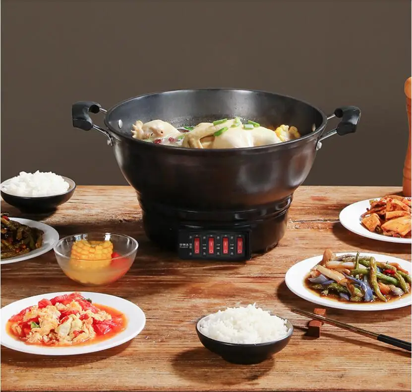 220V Household Electric Frying Wok 3 Gear Adjustment Iron Pot 36cm Diameter Non-Stick Multi Cooker Frying Machine With Steamer