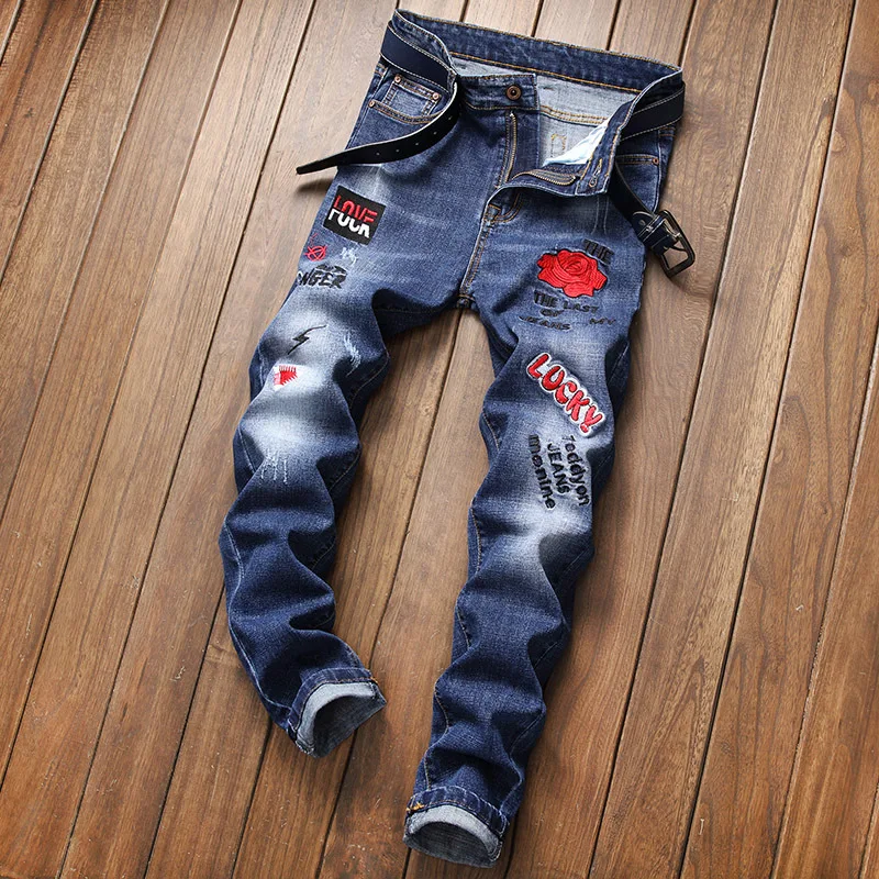 

Embroidery Mens Rose Skinny Men Blue Ripped Casual Stretch Denim Jeans Patch Design Scratched Hip-hop Pants