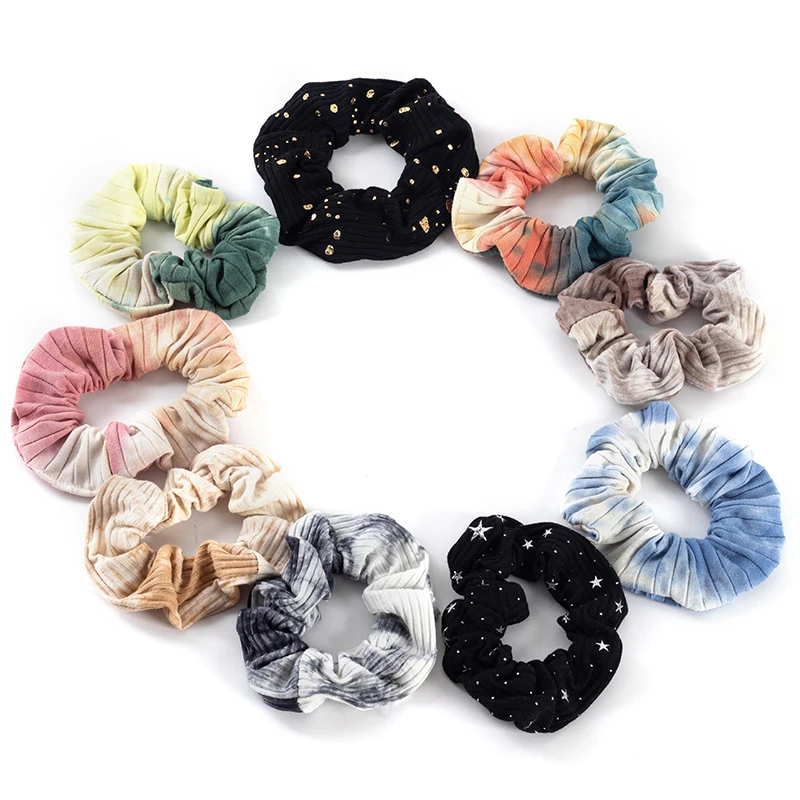 Colorful Thread Women Scrunchies Tie dye Hair Scrunchie Elastic Hair Bands Dot Headwear Ponytail Holde Ties Rope