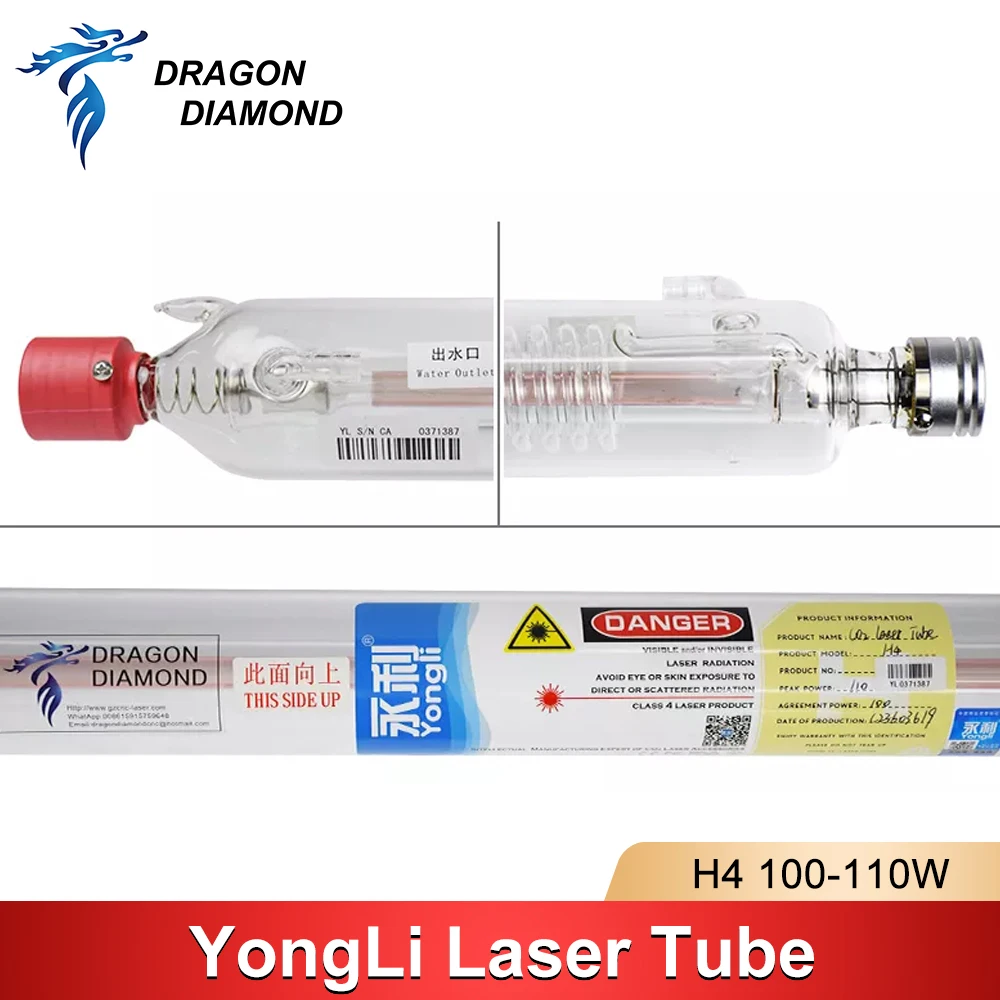 DRAGO DIAMANTE Yongli H4 100W CO2 Tubo Del Laser di Vetro Tubo di Testa di Metallo 1450 millimetri di Lunghezza Per CO2 Incisione Laser macchina di