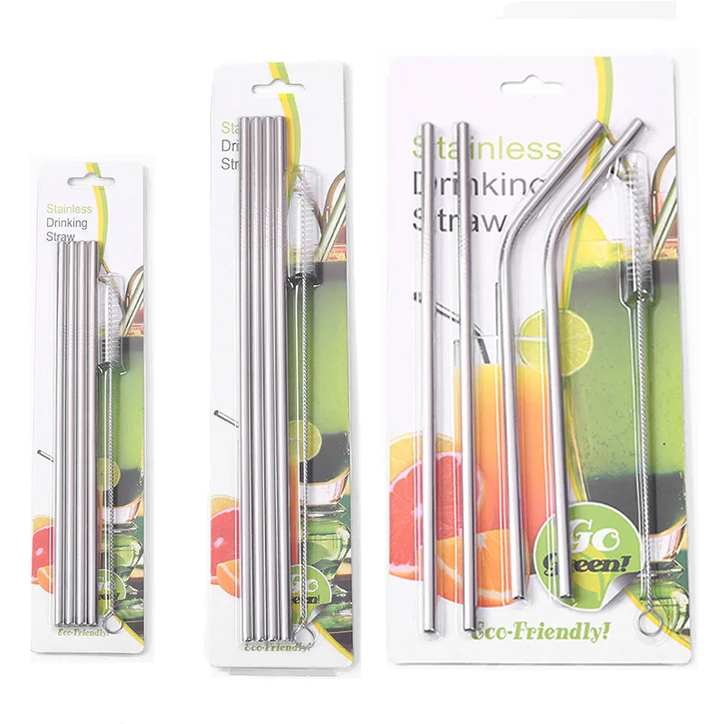 (4pcs) Stainless Steel Straw With Cleaning Brush Bend Straight Drinking Straw Kitchen Bar Party Accessories