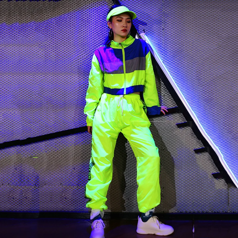 Fluorescent Green Jacket Loose Pants Women Hip Hop Costumes Adults Street Dance Clothing Group Jazz Dance Clothes Outfit DT1727