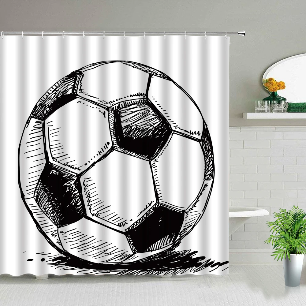 Football Hand Painted Print Shower Curtain Basketball Pattern Waterproof Fabric Bathtub Screen Boy Room Bath Curtains With Hooks