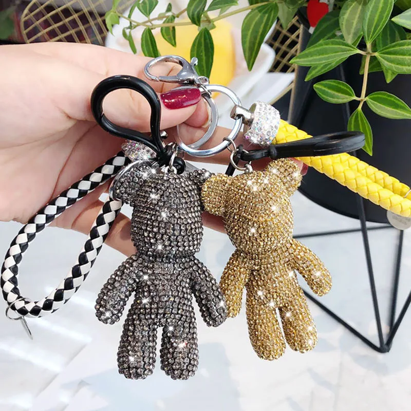 Creative Bomgom Cartoon Popobe Gloomy Bear Keychain Cute Rhinestone Teddy Bear Leather Rope Car Key Holder Bag Charm Keyring