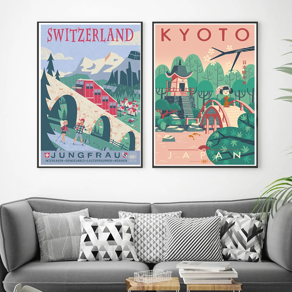 Nordic Cartoon Travel Poster Japan Portugal Hawaii Canvas Painting Abstract Modern Wall Art Picture for Living Room Home Decor