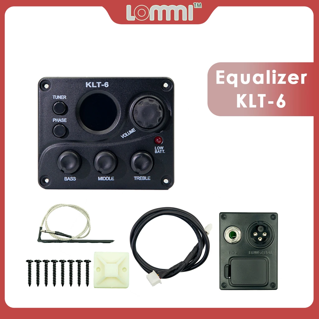 LOMMI KLT-6 Equalizer Guitar EQ System Tuner Phase Knob Bass Middle Treble with Black Guitar Piezo Pickup 9V Battery Case