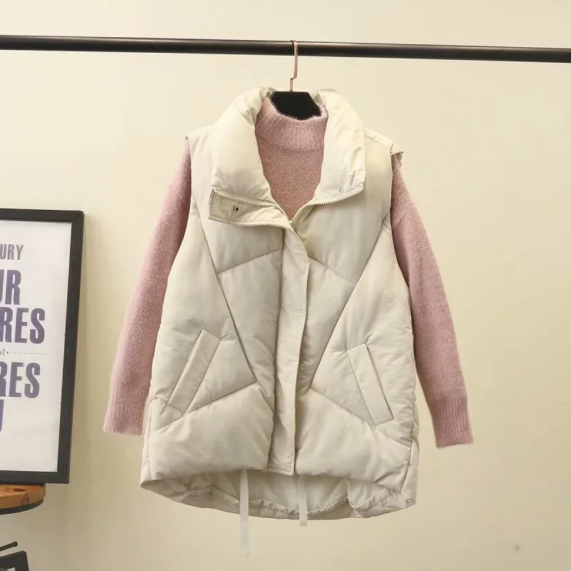 Plus Size Winter Padded Vest Coat For Women Sleeveless Geometric Stitches Thick Cotton Interlayer Large Size Casual Outside Coat