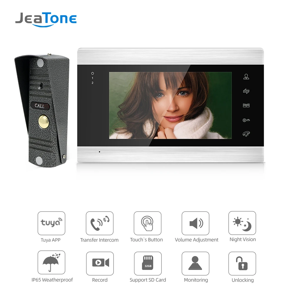 Jeatone-Visiophone Intelligent IP 7 Pouces, Sans Fil, Wifi, Système d'Interphone Vidéo avec 2 Moniteurs de Vision Nocturne + 2 Caméras de Sonnette Étanches à la Pluie