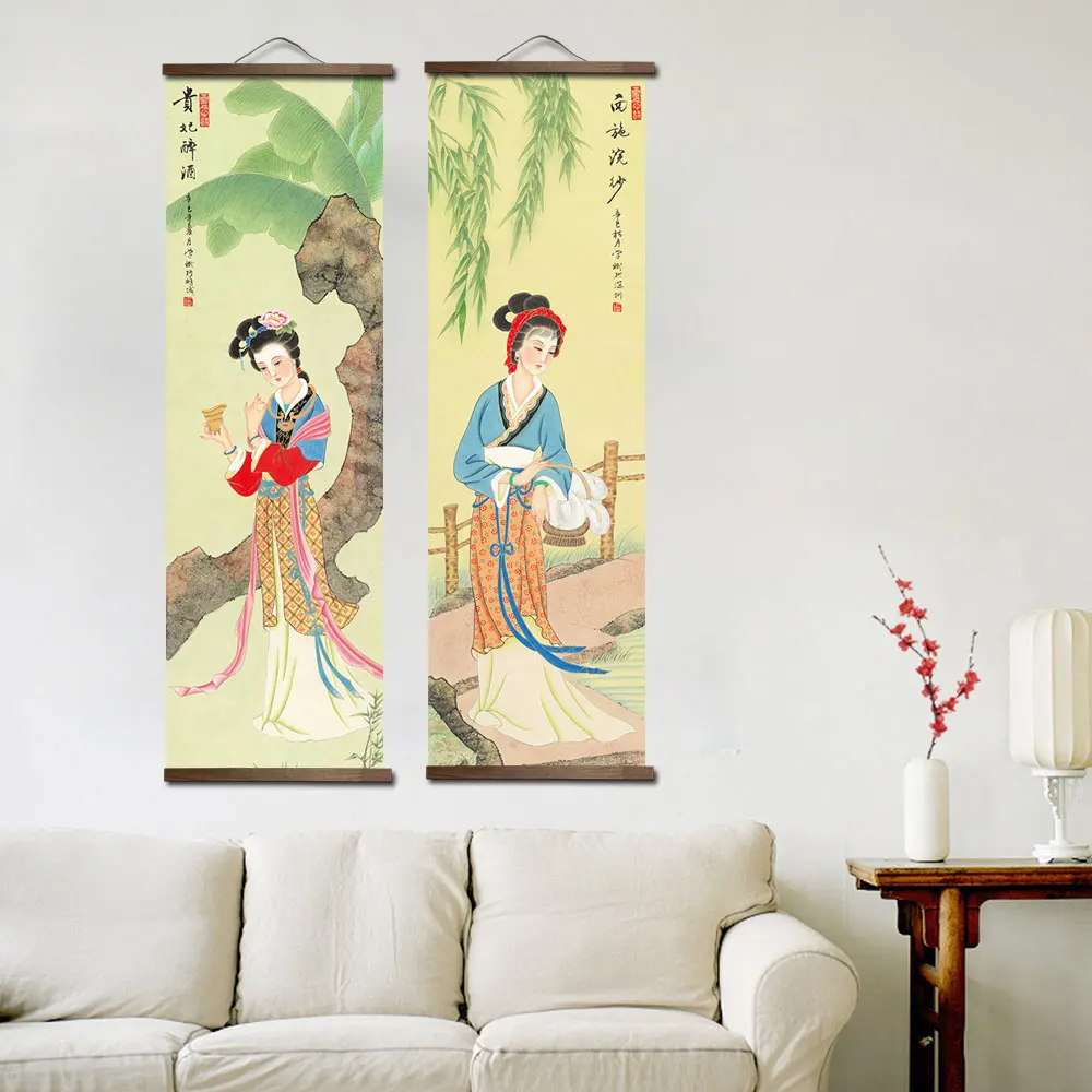 Chinese Four Beauties Traditional Style Solid Wood Scroll Canvas Paintings Wall Art Picture Decorative for Bedroom Living Room