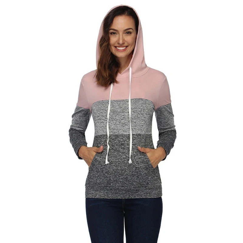 Autumn and winter women's long sleeved hoodie, pullover hoodie, casual sportswear, patchwork color striped hoodie, top