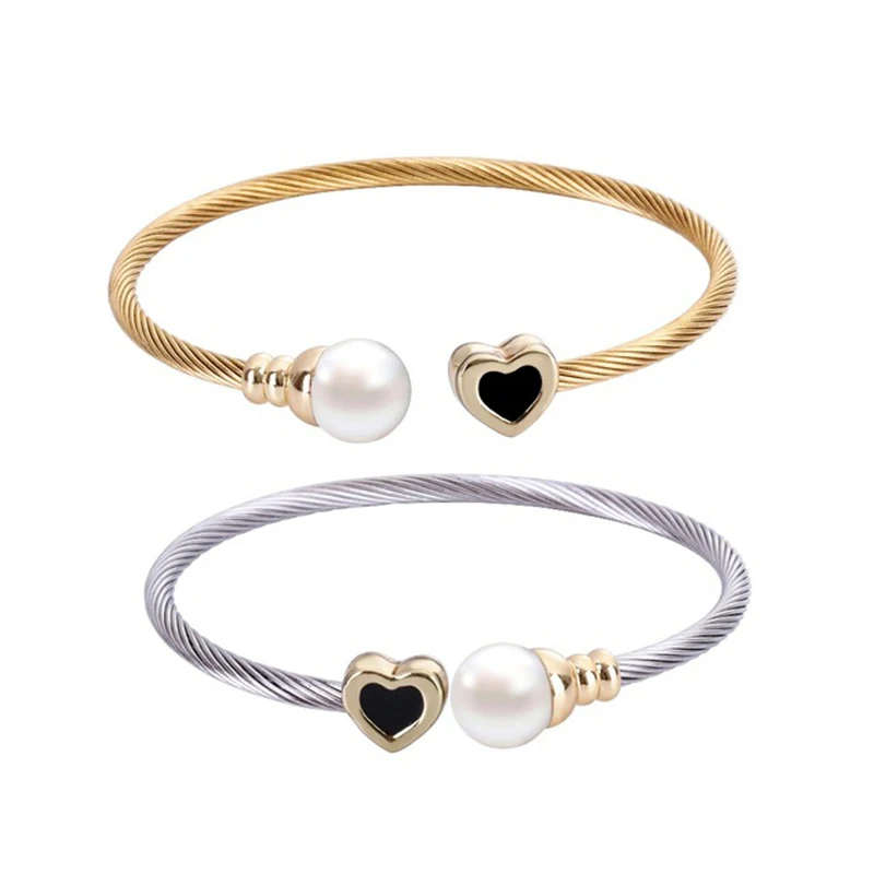 Chran Round Shell Pearl Heart Design Silver Plated Elastic Stainless Steel Cable Bracelets for Women