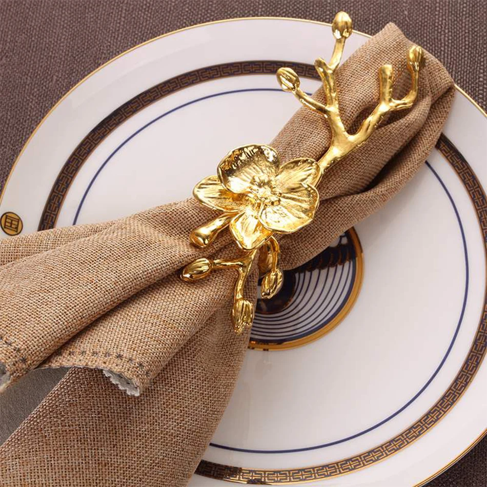 4PCS Christmas Wedding Easter Napkin Rings,Plum Blossom Golden Napkin Buckles,Dinner Parties Dining Table Decor Napkin Holder