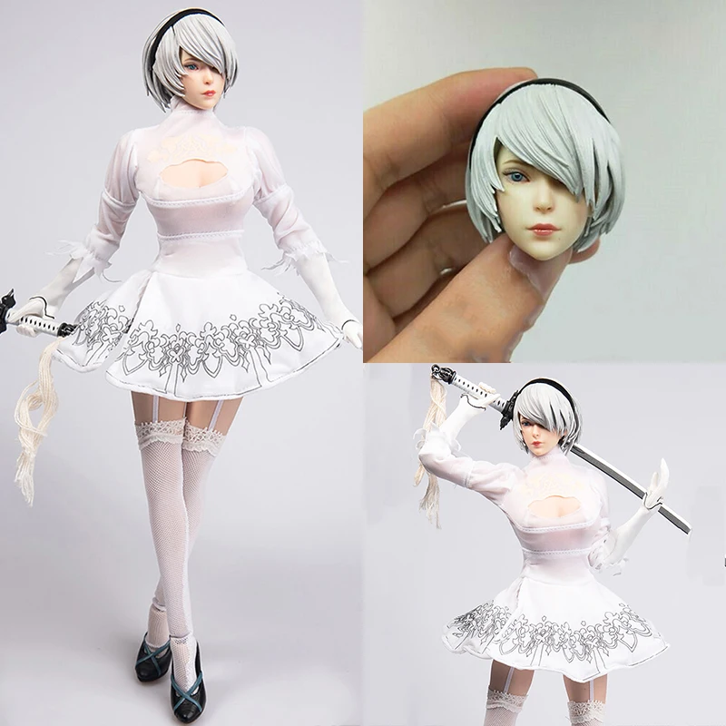 

TYM073 1/6 NieR 2B Female White Battle Costume Skirt Clothes Sliver Hair Head Sculpt Carving for 12" Action Figure Body