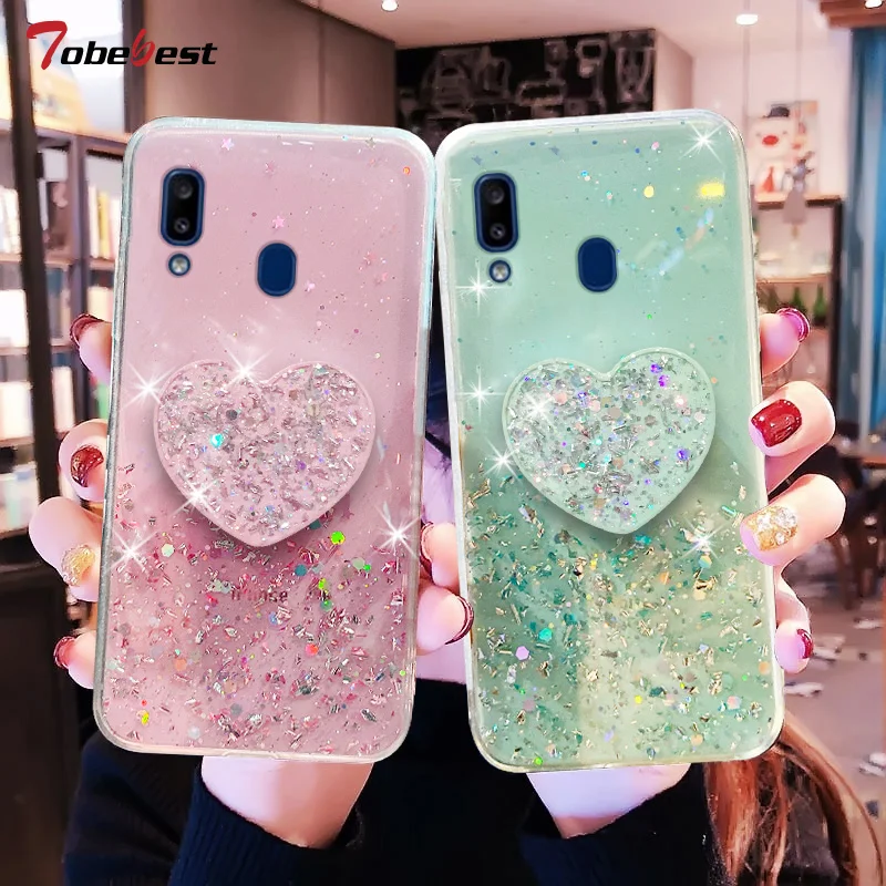 Bling Glitter Heart Love Phone holder Case For Samsung Galaxy A10 A20 A30 A40 A50 A60 A70 A80 A10S A20S A20E Silicone Cover