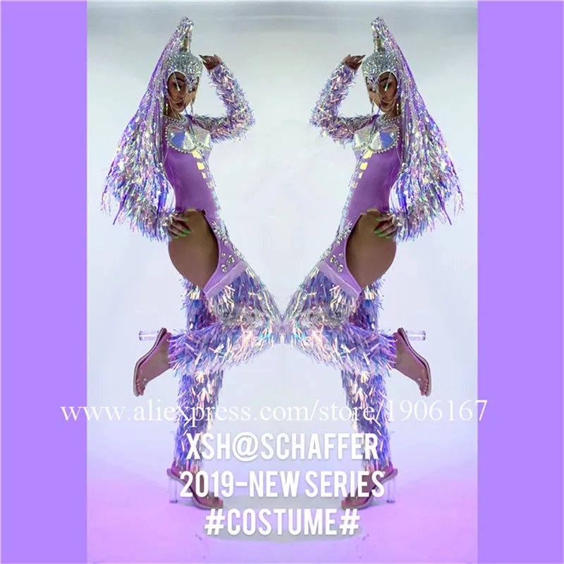 

Sexy Lady Dance Team Suit Clothes With Wigs Headdress Nightclub Women's Purple Party Event Super Flash Laser Ballroom Costume