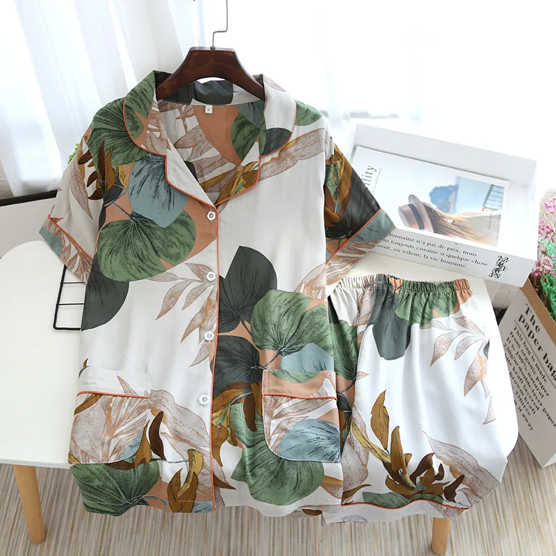 Conjunto de pijama de algodón fino para mujer, ropa de dormir informal de talla grande, de manga corta con estampado Floral, traje de dos piezas