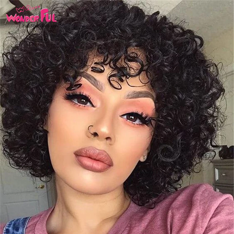 Wonderful Short Afro Kinky Curly Wig Human Hair Wig For Black Women 100% Remy Human Hair Short Wig Full Machine Made Wig Black