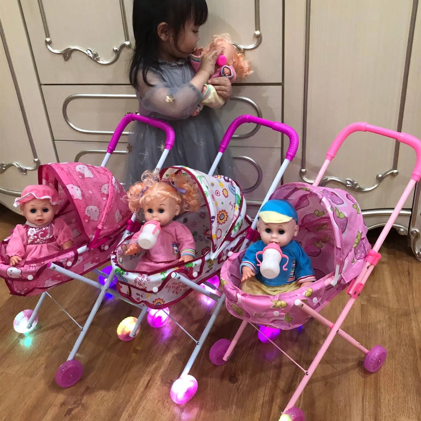 Human Doll Toy Simulated Shopping Cart Mini Wheelbarrow Birthday Gift Family Game Play House Baby Walker Sound and Light