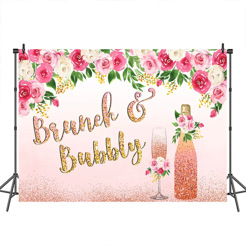 

Brunch and Bubbly Bridal Shower Party Photography Backdrop Rose Gold Glitter Champagne Wedding Banner Background