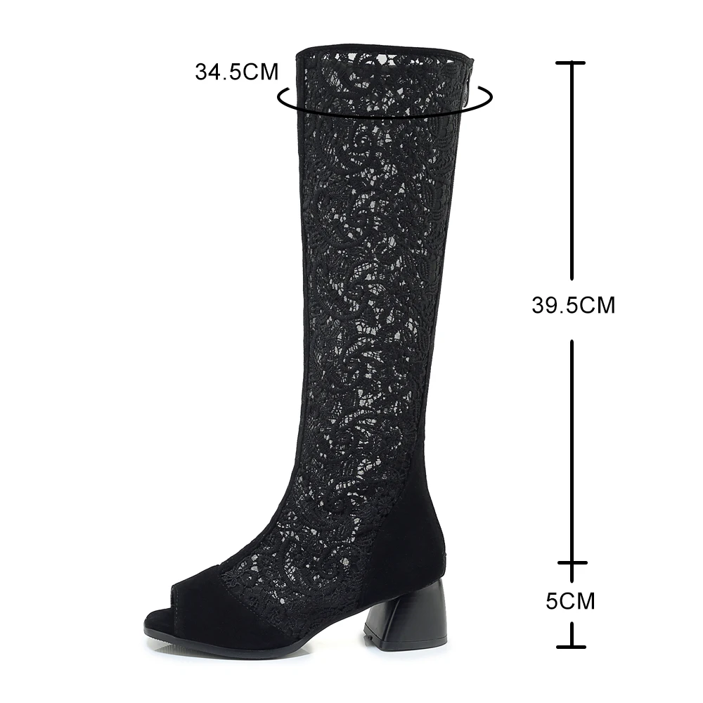 Fashion Peep Toe Knee High Boots Women Lace Mesh High Heels Autumn Shoes Woman Gladiator Sandals Sexy Lady Leisure Long Boots 33