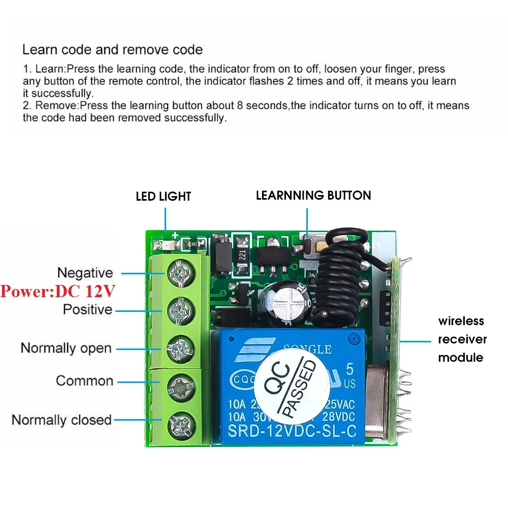 Kebidumei 433 Mhz interruttore telecomando senza fili DC 12V 1CH relè RF 433 Mhz modulo ricevitore per l\'apprendimento del codice trasmettitore