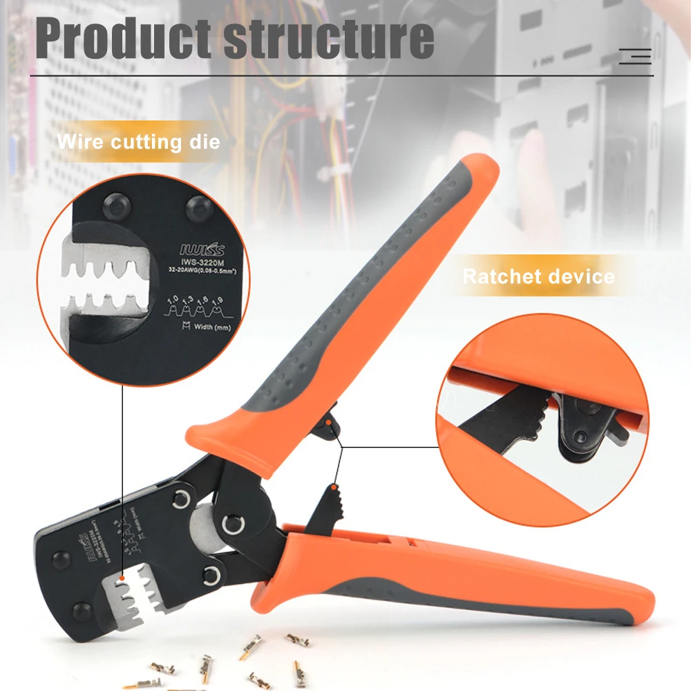 IWS-3220M Ratchet Crimping Plier 0.08-0.5mm² AWG32-20 Hand Crimper Tools for Narrow-pitch Connector Pins Crimp Range