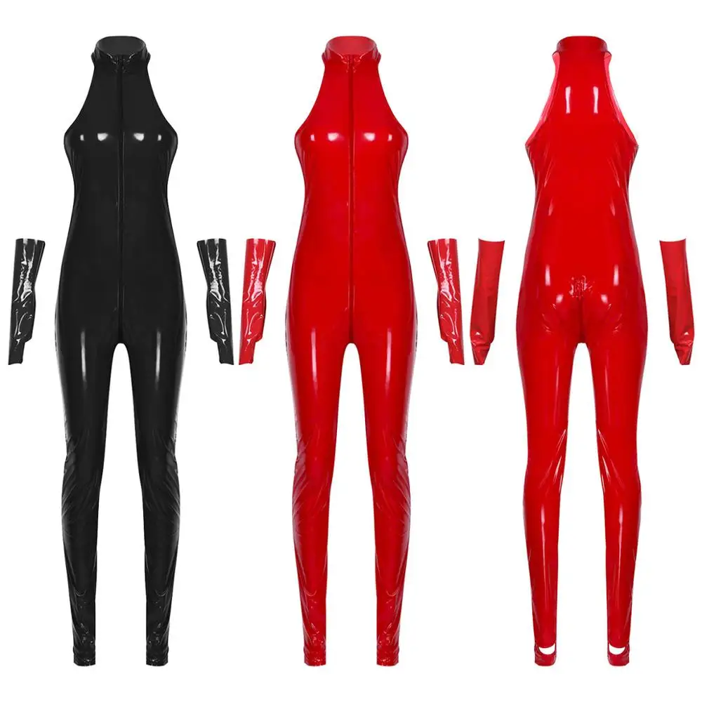 Tuta da donna in vernice effetto bagnato collo alto staffa senza maniche Catsuit body pagliaccetto tute Clubwear Sexy un pezzo