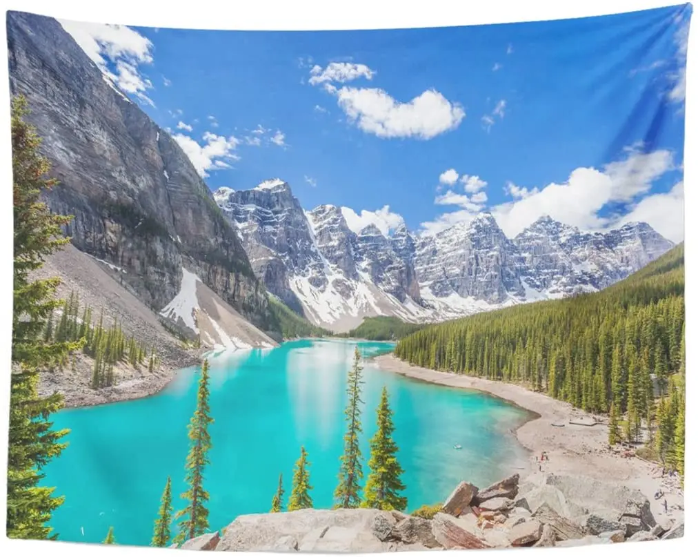 Moraine Lake in Banff National Park Canadian Rockies Canada Sunny Summer Day with Amazing Blue Sky Tapestry Home Decor Wall Hang