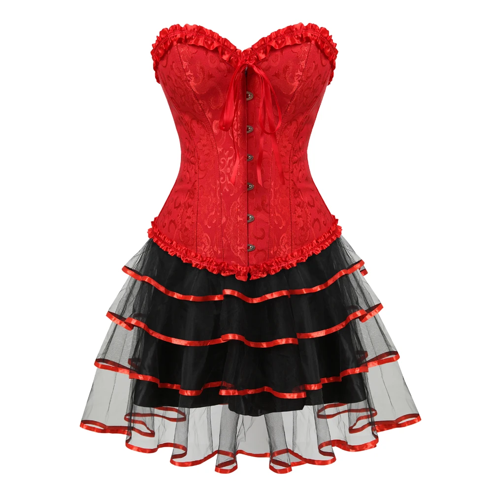 Top de corsé rojo para mujer, de encaje minifalda, disfraz de fiesta de carnaval, vestido de baile Showgirl, vestidos de corsé Sexy con correas