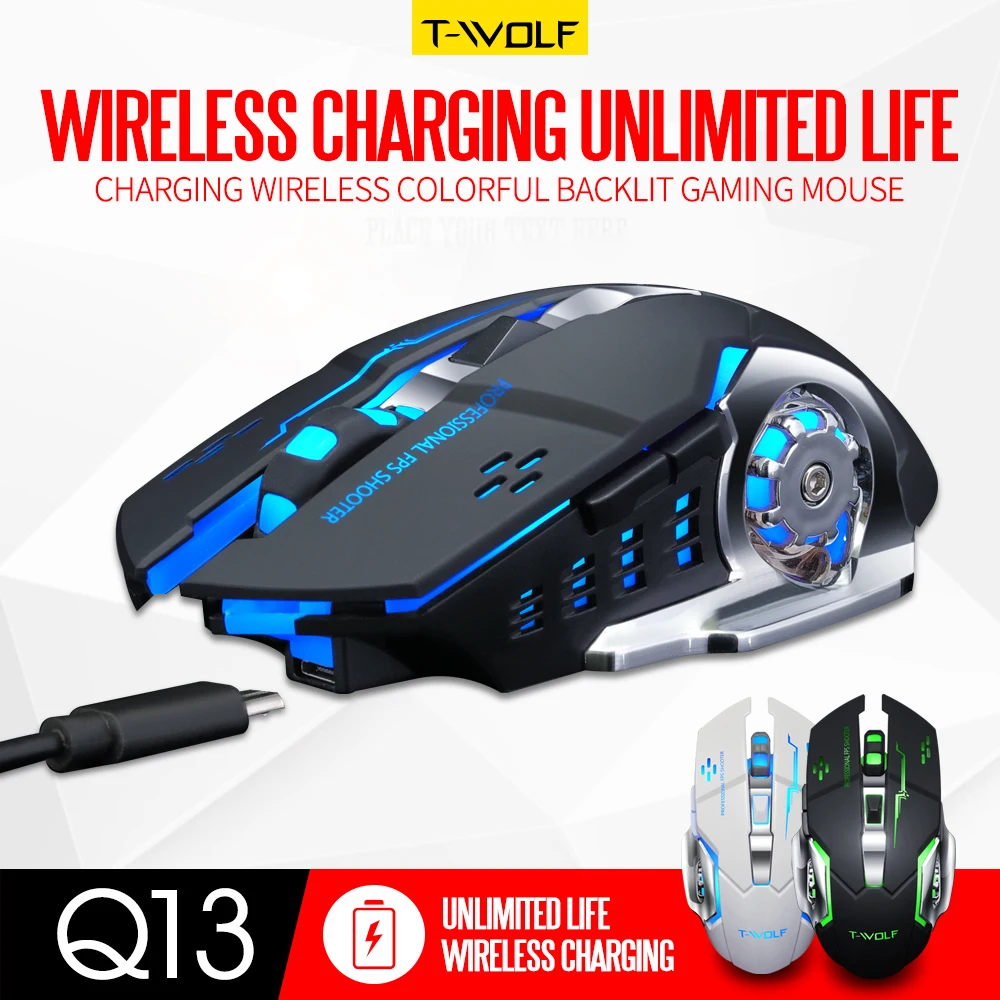 T-WOLF Q13 Rechargeable Wireless Mouse Silent Ergonomic Gaming Mice 6 Keys RGB Backlight 2400 DPI for Laptop Computer Pro Gamer