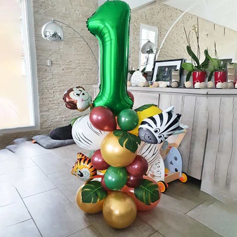 Forest Jungle Animal Balloon Gold Number Globos Jungle Safari Birthday Party Kid 1 2 3 Year Birthday Balloons Baby Shower Decor