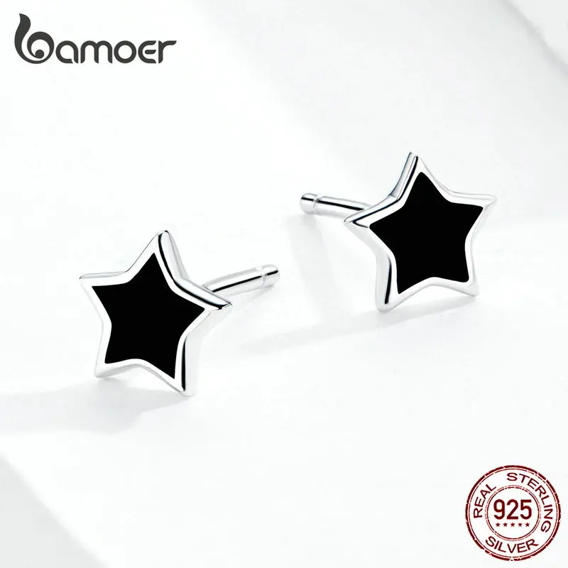 bamoer Silver 925 Jewelry Simple Minimalist Star Stud Earrings for Girl Anti-allergy Enamel Jewelry Accessories Gifts BSE275