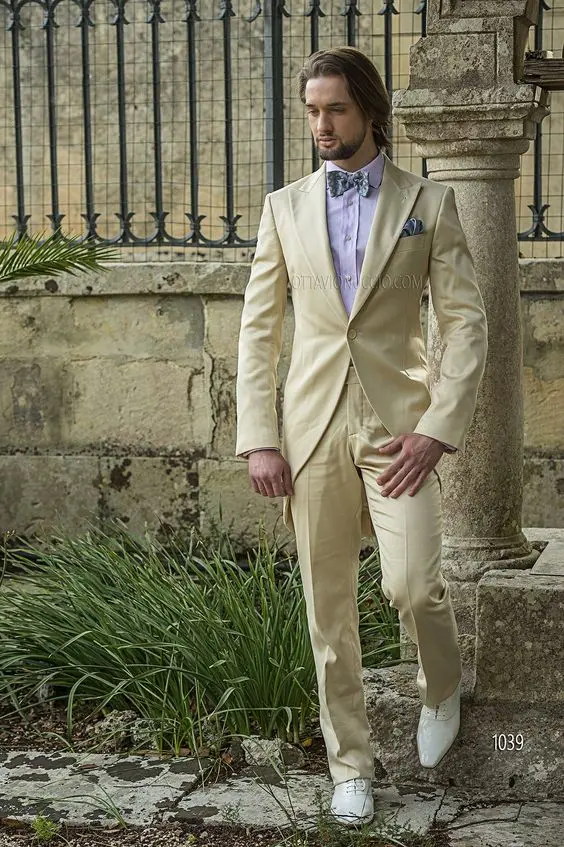 Traje personalizado de estilo Morning/Tailcoat para hombre, esmoquin dorado con solapa de pico para novio, el mejor novio, traje de boda de 2 piezas (chaqueta + pantalones)