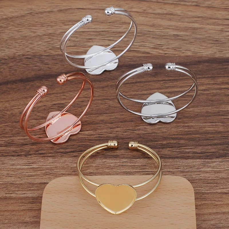 10pcs DIY Bangle Bracelet with 25mm Heart Bezel Glass Cameo Base Blanks Open cuff Bracelet Settings for Women