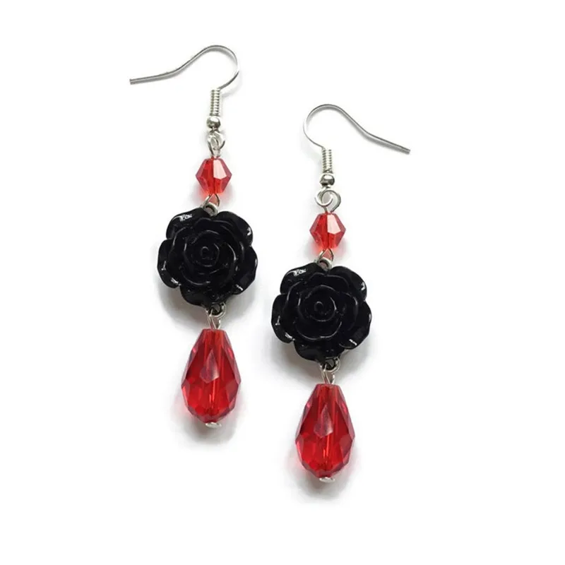 Black Rose Earrings With Red Beads, Rockabilly Jewellery,Ro…