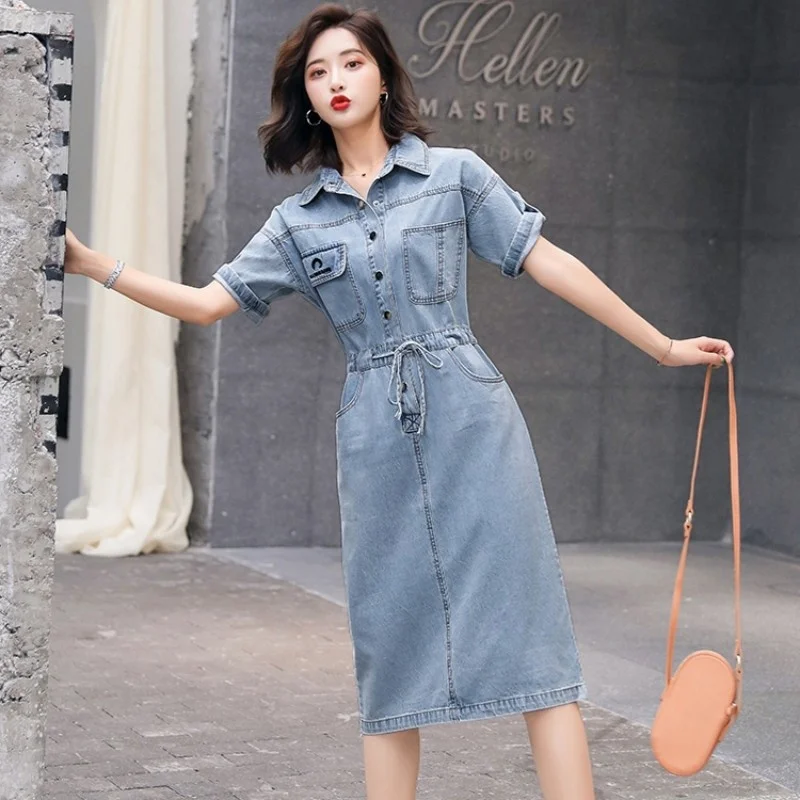 

Short Women Sleeve Denim Dresses Summer Drawstring Pocket Fashion Knee Length Jeans Dress Elegant Slim Fit Female Streetwear