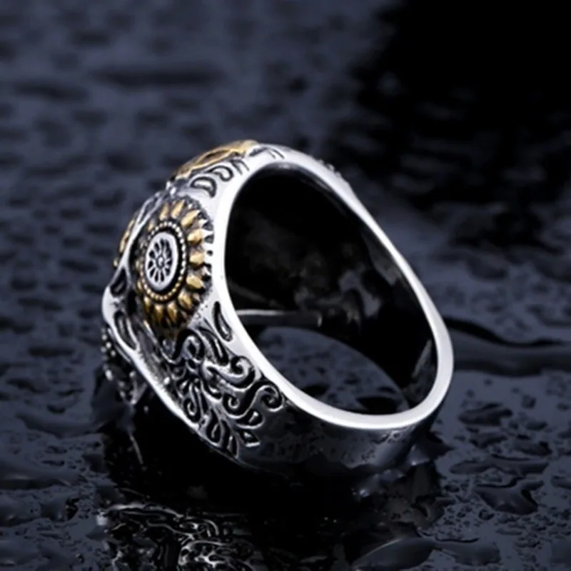 Gothic Green Zircon Eye Metal Mechanical Cross Skull Ring for Men Punk Rock Biker Jewelry Gift