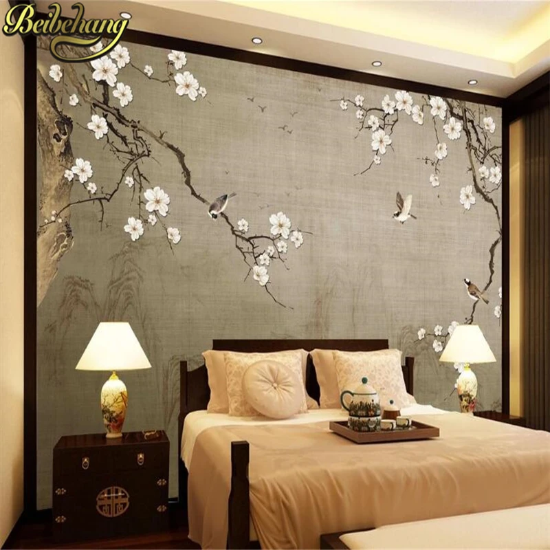 

beibehang Nordic TV background 3d wallpaper modern Plum blossoms and birds photo mural wallpaper living room bedroom decoration