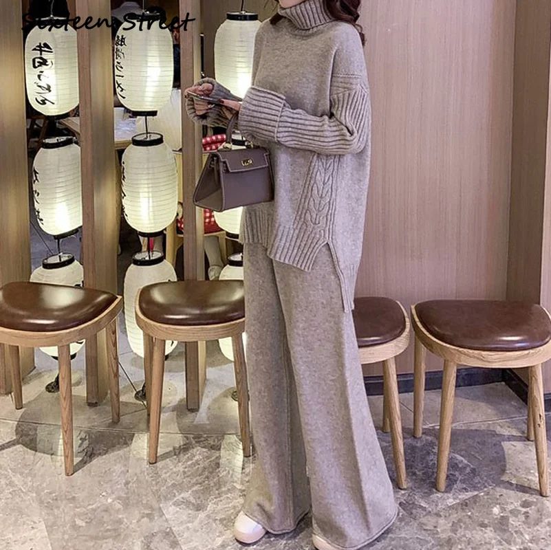 2021 Autumn Winter Korean Fashion Clothing Turtleneck Split Sweater Loose Wide Leg Pants Two Piece Suit Elegant Ladies Vintage