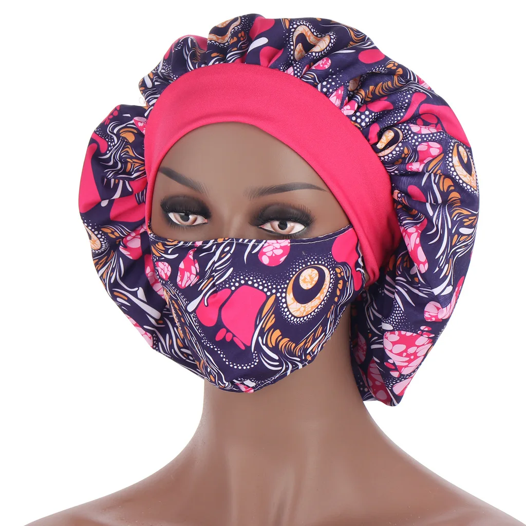 African Pattern Print Satin Bonnet Hijabs Hat Women Night Sleep Cap with Mask Turban Extra Large Head Wear Lady Head Wrap Hat