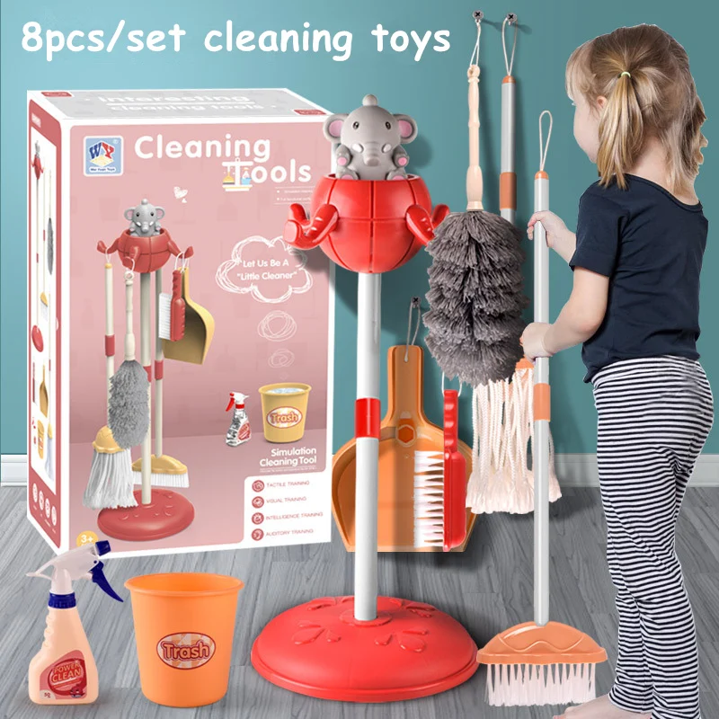 8pcs Kids House Cleaning Tools Kit Simulation Toys Pretend Play Children Broom Holder Spray Bottle Mop Dustpan Novety Gifts 1KG