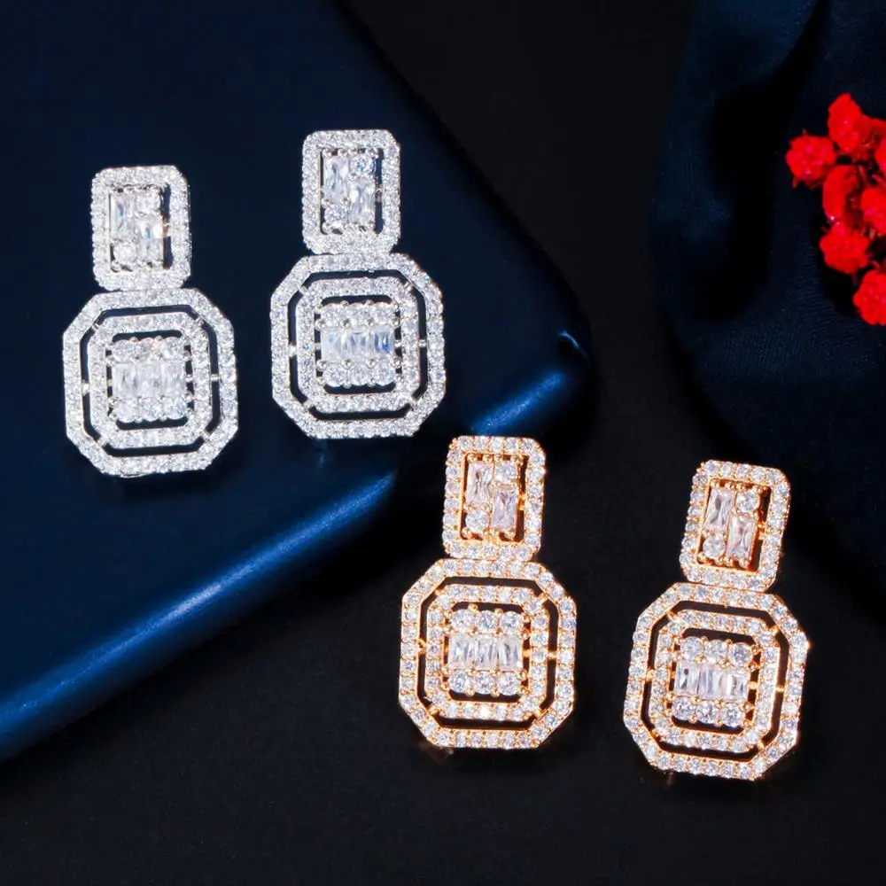 ThreeGraces Elegant Bridal Wedding Square Necklace Earrings Sets White CZ Zircon Silver Color Indian Women Party Jewelry TZ912