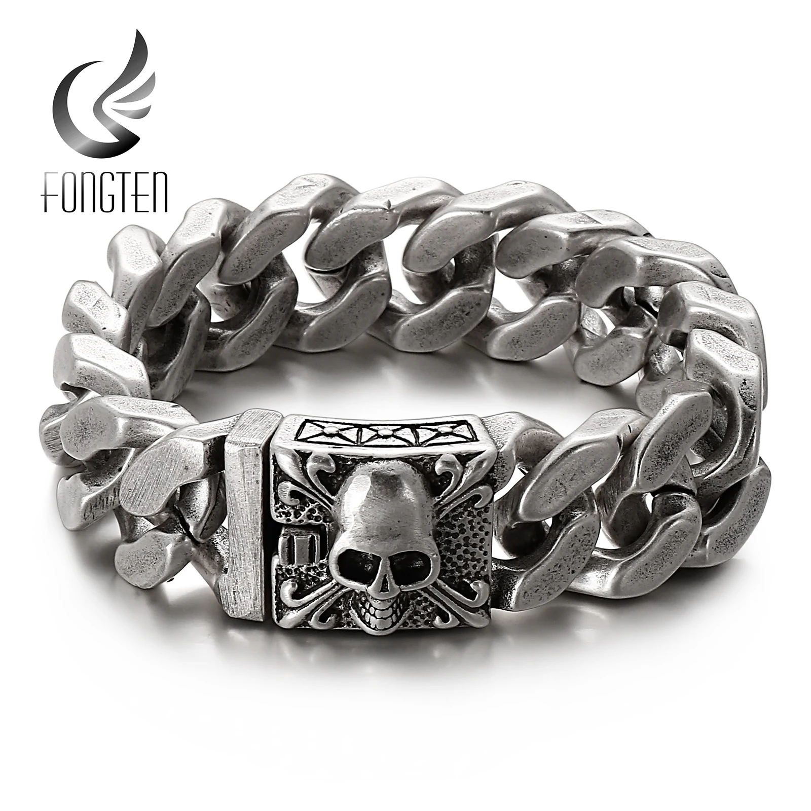 Fongten Gothic Skull Bracelets For Men Ancient Silver Color Stainless Steel Cuban Chain Heavy Bracelet Bangle Jewelry Wholesale