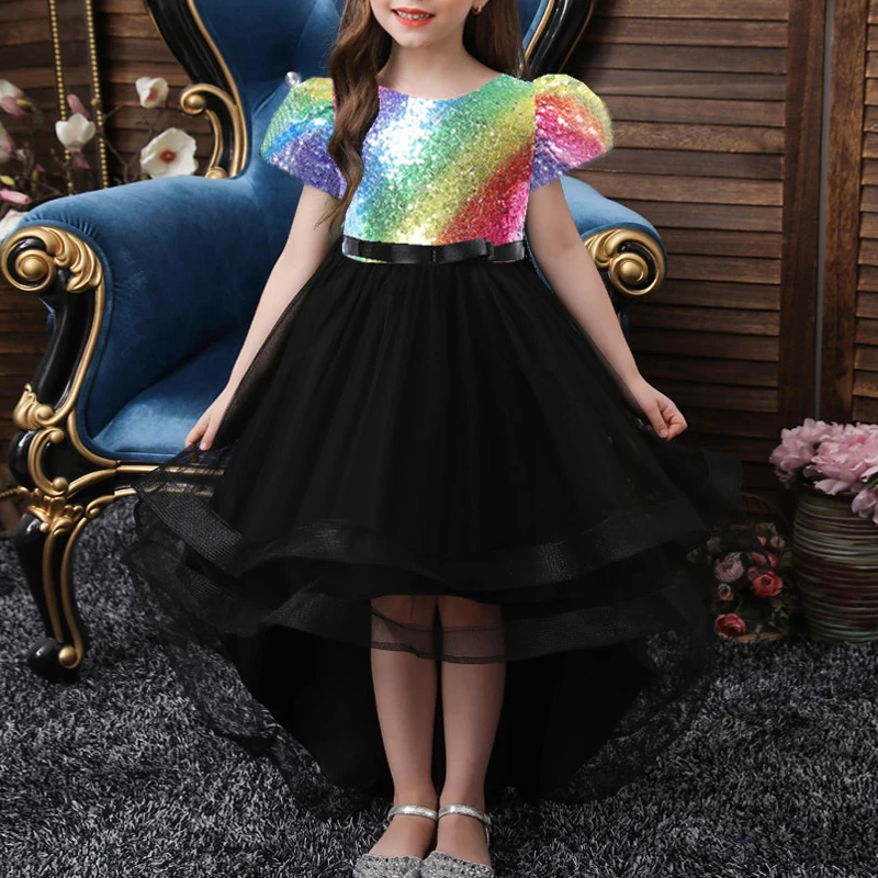 Little Girls Sequin Tutu Dress Hi-low Big V-shape Cutout Back Bow Dresses Kids Birthday Party Ball Gown School Performance 5t 6t