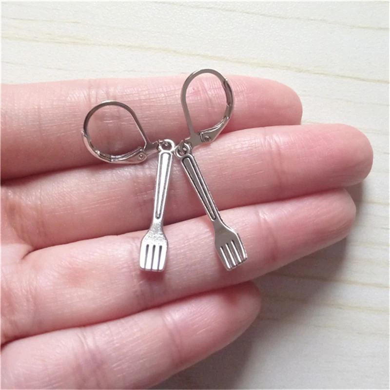 Tableware Leverback Earring Antique Silver Color Tiny Fork Leverback Earring 3D Leverback Earrings Fork Jewelry