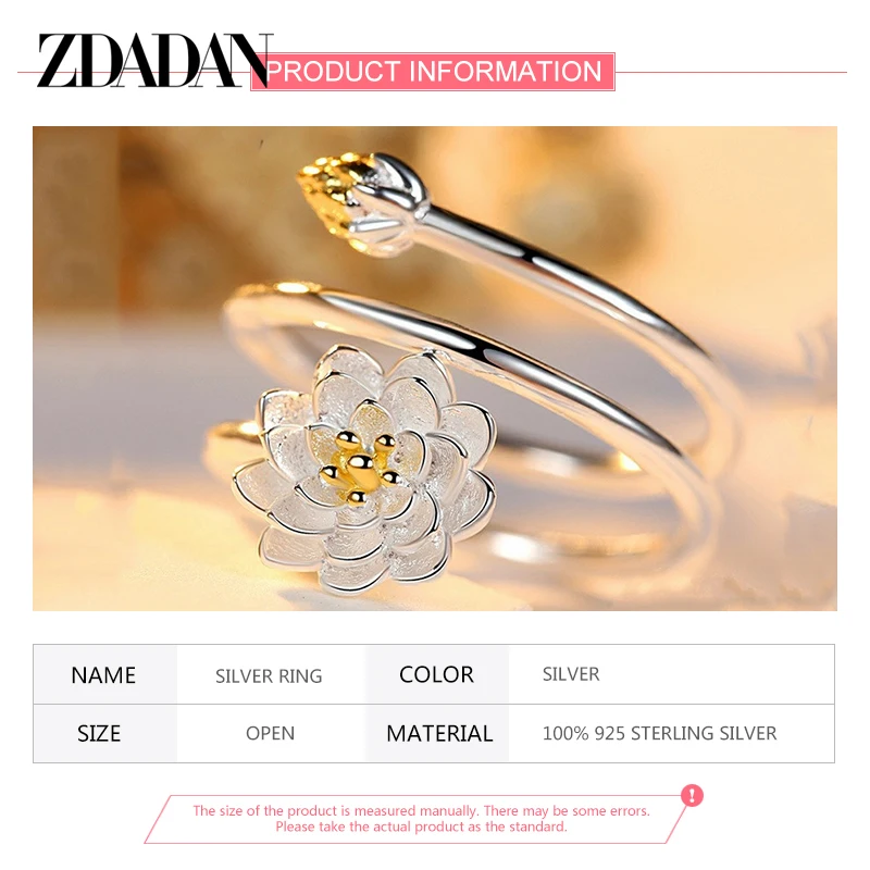 Zdadam – bague de Lotus à breloques en argent Sterling 925 pour femmes, anneau de doigt ouvert réglable, bijoux cadeau