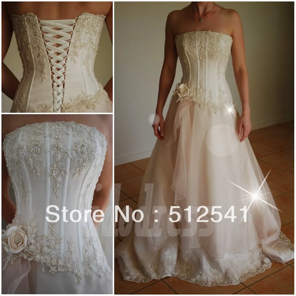 

Fashion Strapless robe de mariee Bones Flower vestido de noiva Beads Lace appliques Up a-line 2018 Wedding dresses bridal Gowns